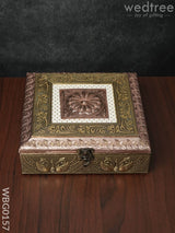 Oxidised Golden Embossed Dry Fruit Box With Floral And Peacock Design - 8X8 Inches Wbg0157