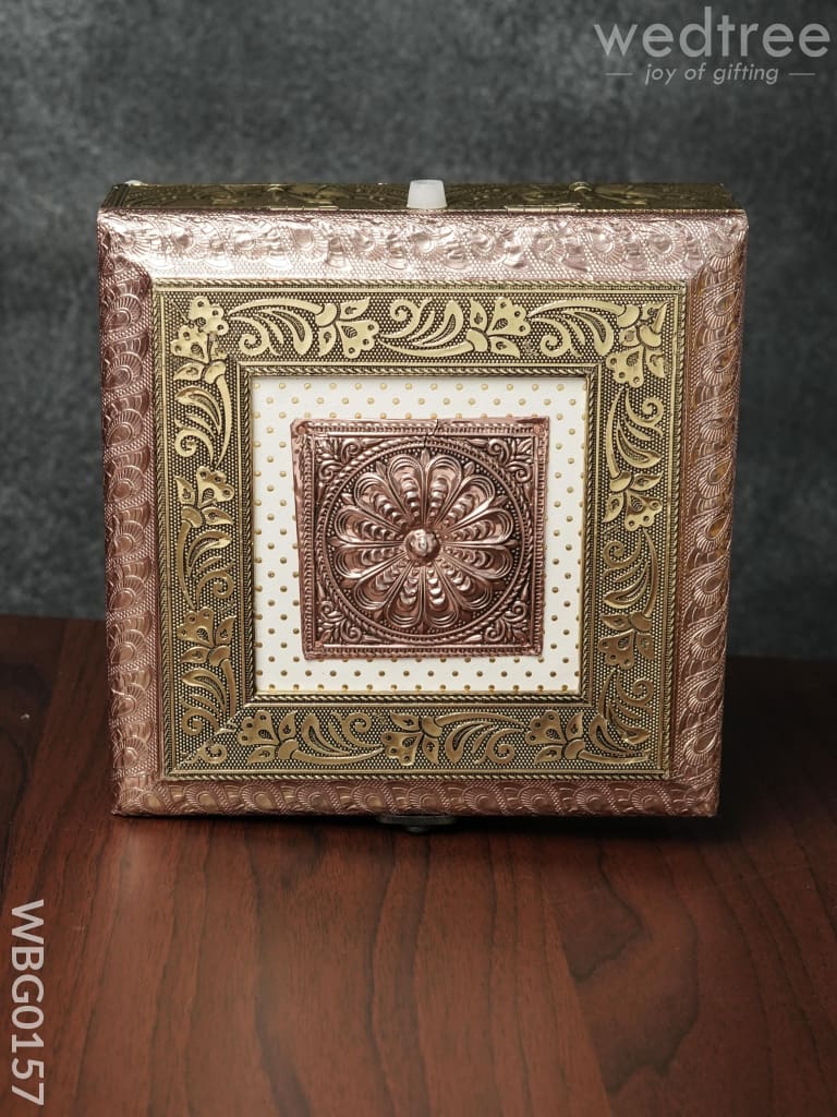 Oxidised Golden Embossed Dry Fruit Box With Floral And Peacock Design - 8X8 Inches Wbg0157