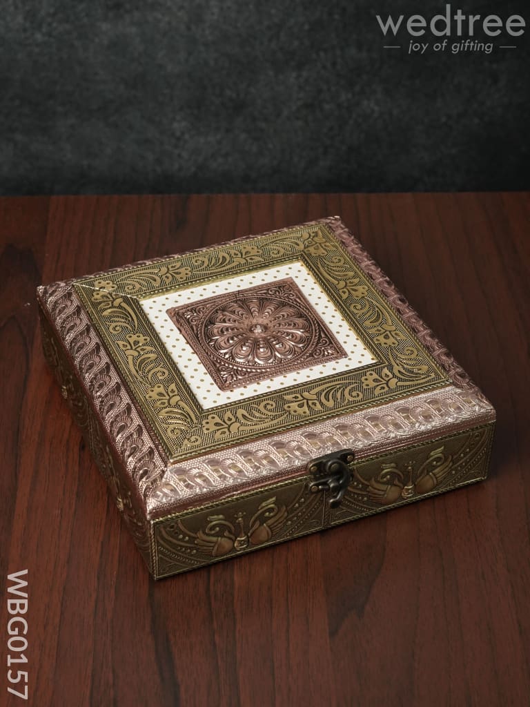 Oxidised Golden Embossed Dry Fruit Box With Floral And Peacock Design - 8X8 Inches Wbg0157