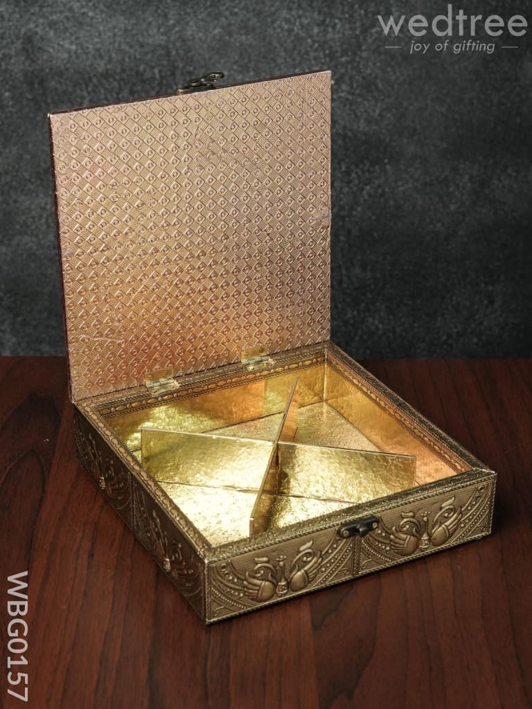 Oxidised Golden Embossed Dry Fruit Box With Floral And Peacock Design - 8X8 Inches Wbg0157