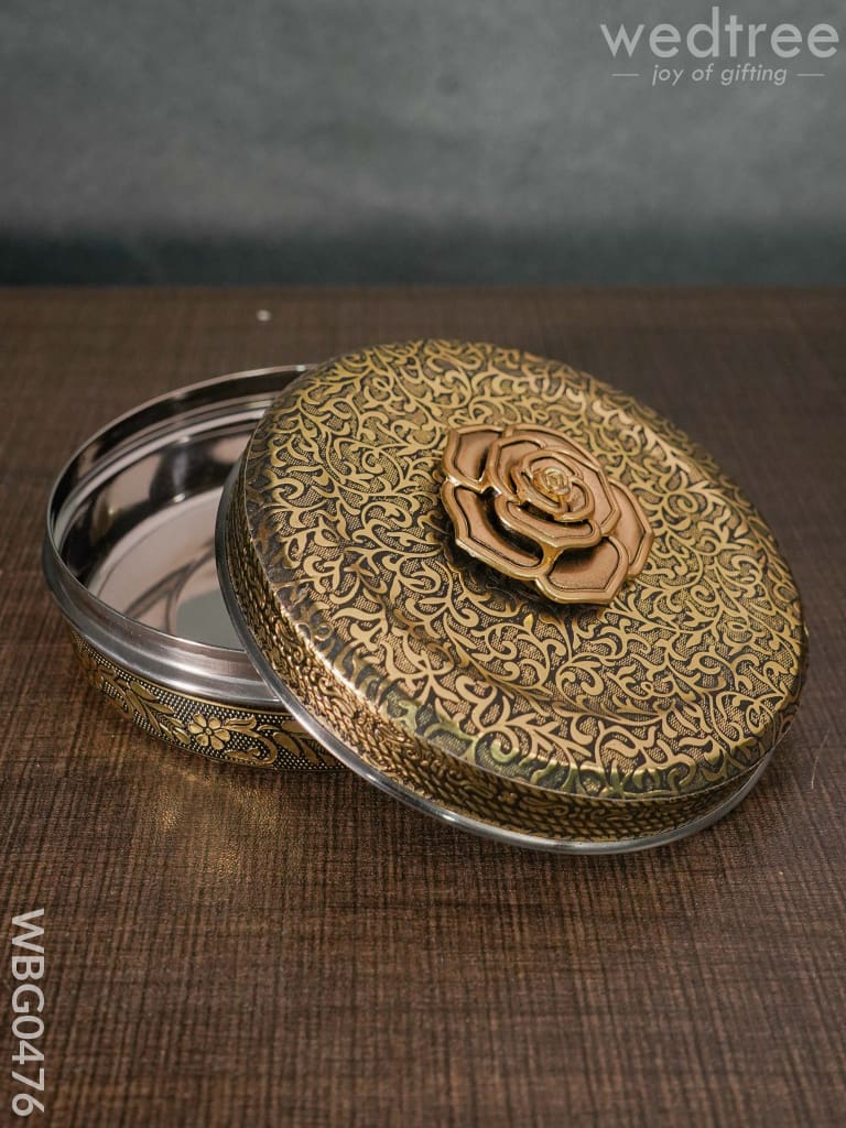 Oxidised Poori Box With Metal Rose - 4.5 Inches Wbg0476 Stainless Steel Utility