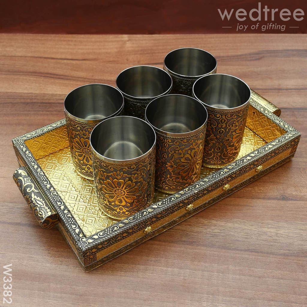 Oxidised Tray With 6 Glass Utility Return Gifts