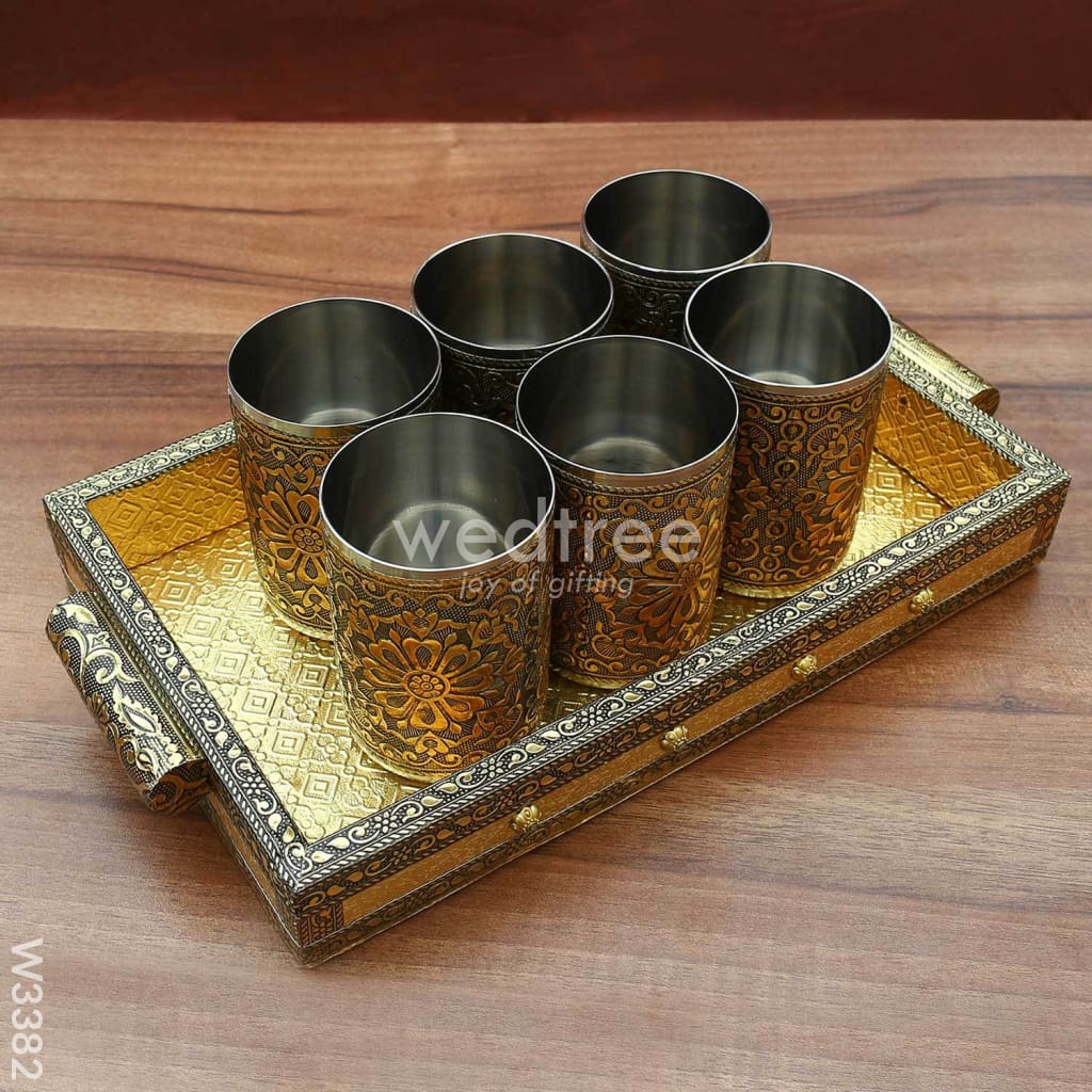 Oxidised Tray With 6 Glass Utility Return Gifts