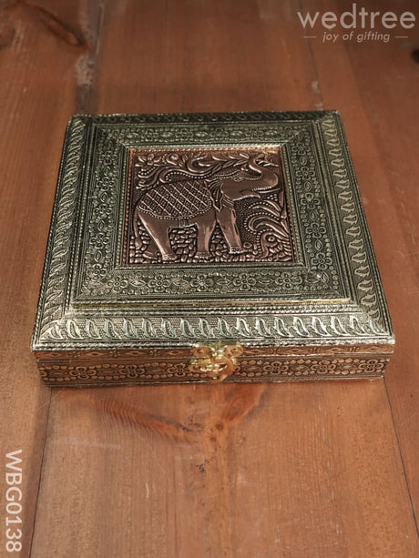 Oxidized Golden And Red Embossed Dry Fruit Box With Elephant Floral Design - 8X8 Inches Wbg0138