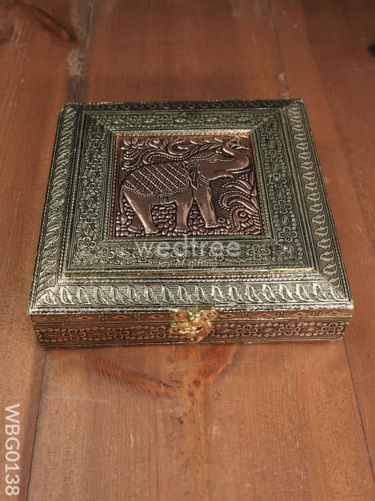 Oxidized Golden And Red Embossed Dry Fruit Box With Elephant Floral Design - 8X8 Inches Wbg0138