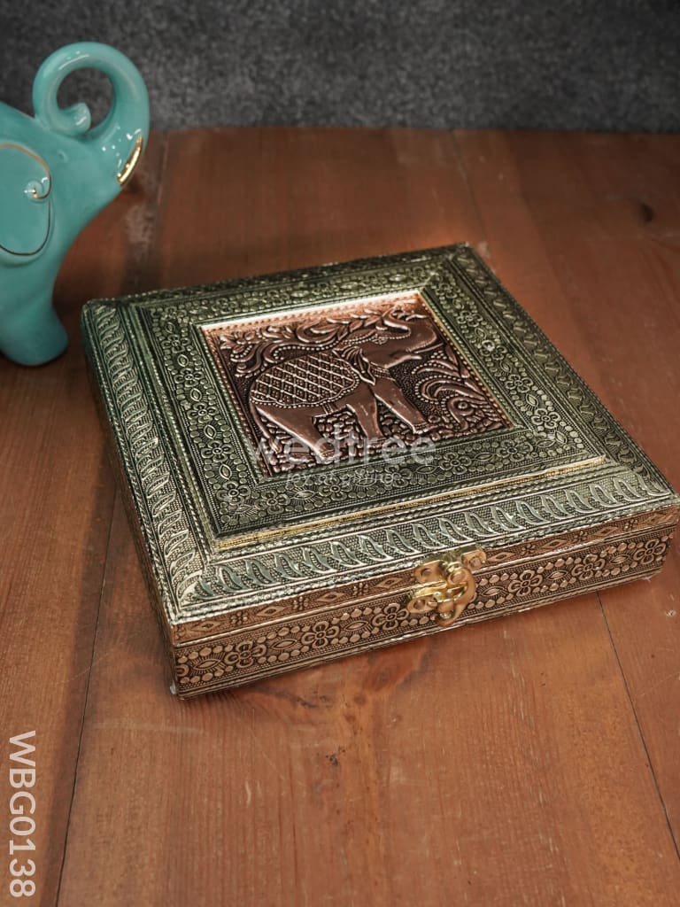 Oxidized Golden And Red Embossed Dry Fruit Box With Elephant Floral Design - 8X8 Inches Wbg0138