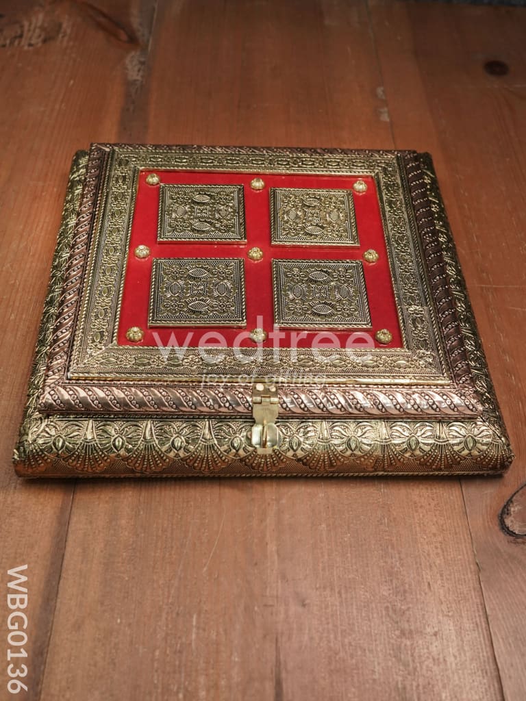 Oxidized Golden And Red Embossed Dry Fruit Box With Floral Design - 10X10 Inches Wbg0136