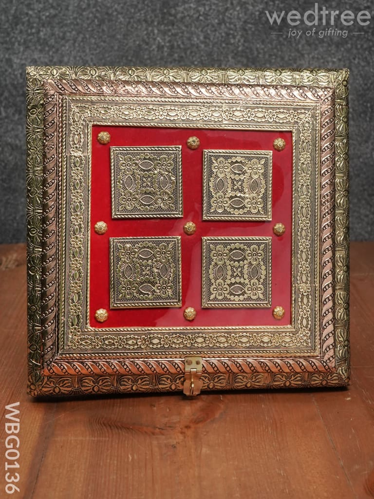 Oxidized Golden And Red Embossed Dry Fruit Box With Floral Design - 10X10 Inches Wbg0136