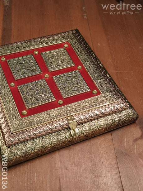 Oxidized Golden And Red Embossed Dry Fruit Box With Floral Design - 10X10 Inches Wbg0136