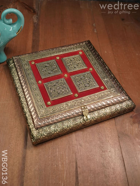 Oxidized Golden And Red Embossed Dry Fruit Box With Floral Design - 10X10 Inches Wbg0136