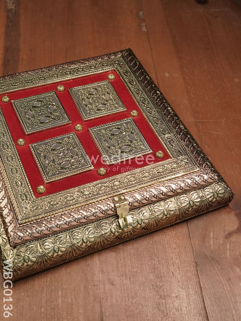 Oxidized Golden And Red Embossed Dry Fruit Box With Floral Design - 10X10 Inches Wbg0136