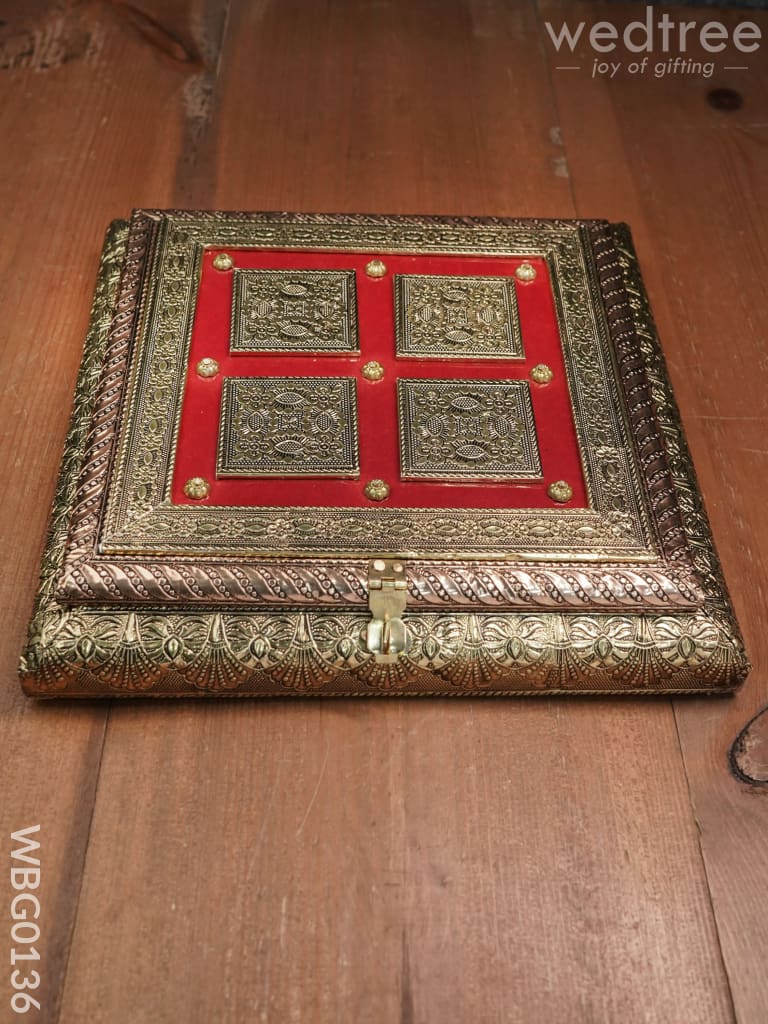 Oxidized Golden And Red Embossed Dry Fruit Box With Floral Design - 10X10 Inches Wbg0136