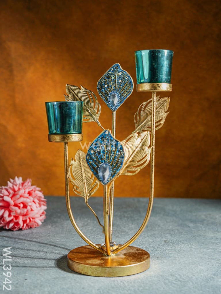 Peacock Feather Stand With 2 Glass Candle Holders - Wl3942 Candles & Votives