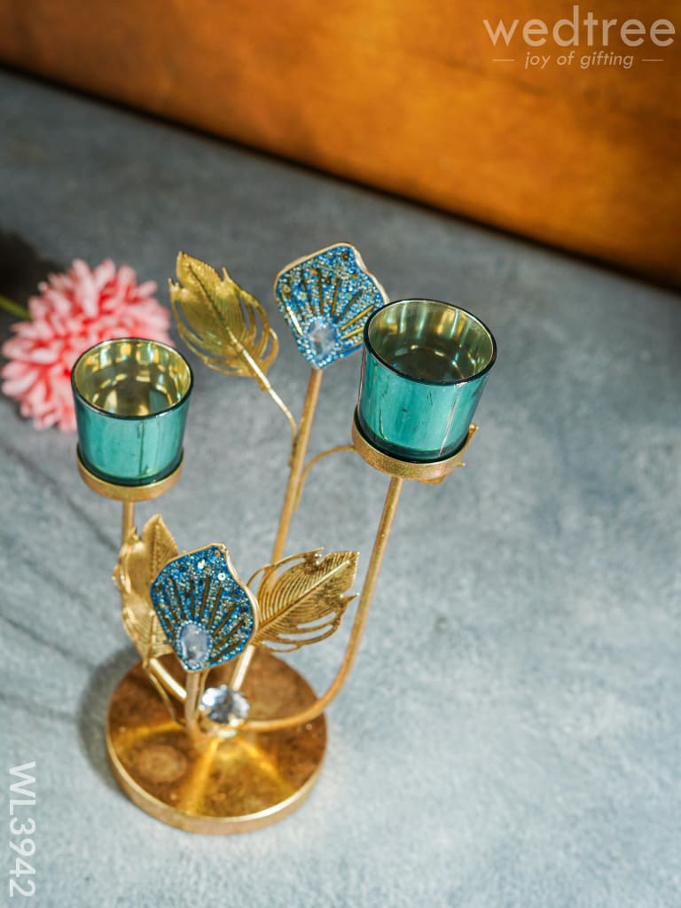 Peacock Feather Stand With 2 Glass Candle Holders - Wl3942 Candles & Votives