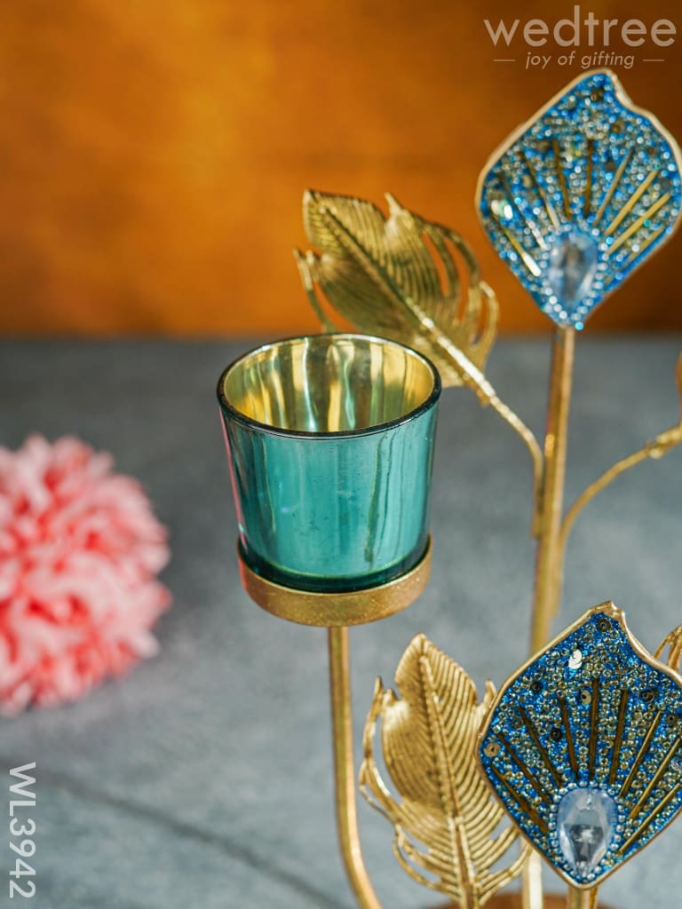 Peacock Feather Stand With 2 Glass Candle Holders - Wl3942 Candles & Votives