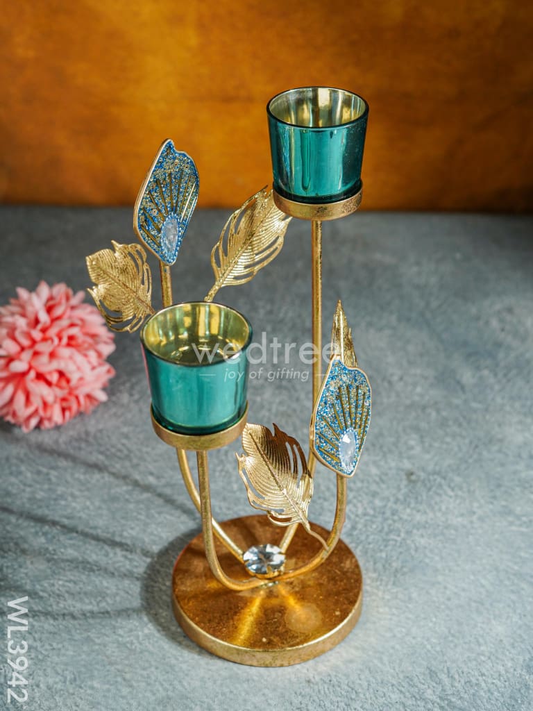 Peacock Feather Stand With 2 Glass Candle Holders - Wl3942 Candles & Votives