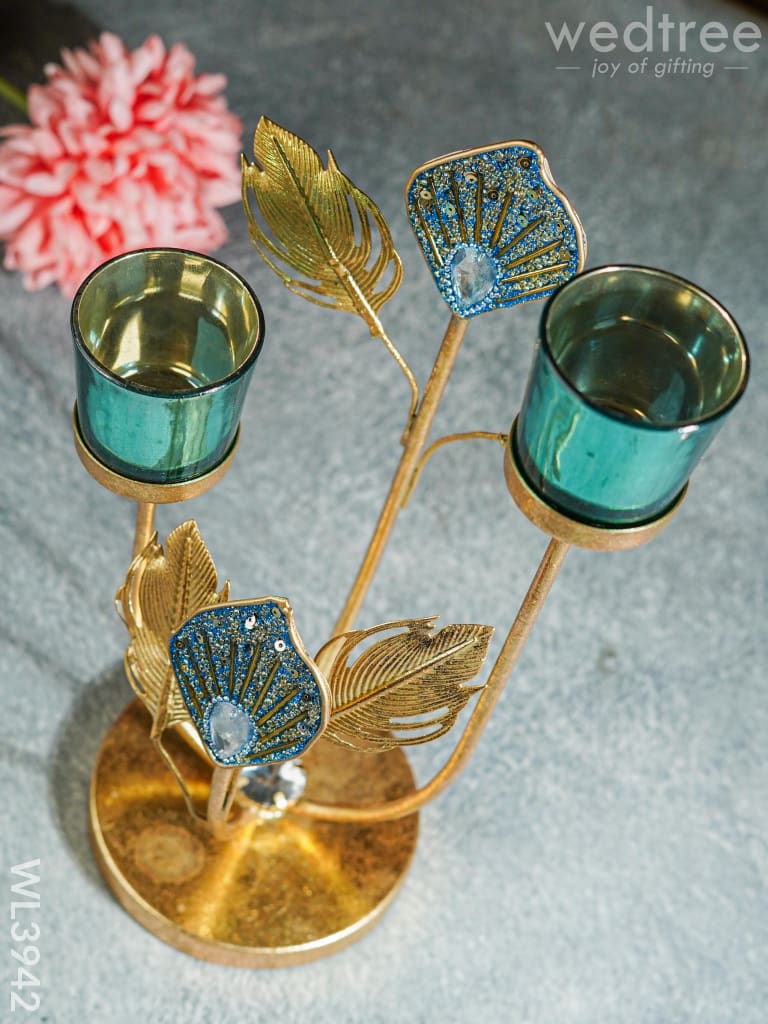 Peacock Feather Stand With 2 Glass Candle Holders - Wl3942 Candles & Votives