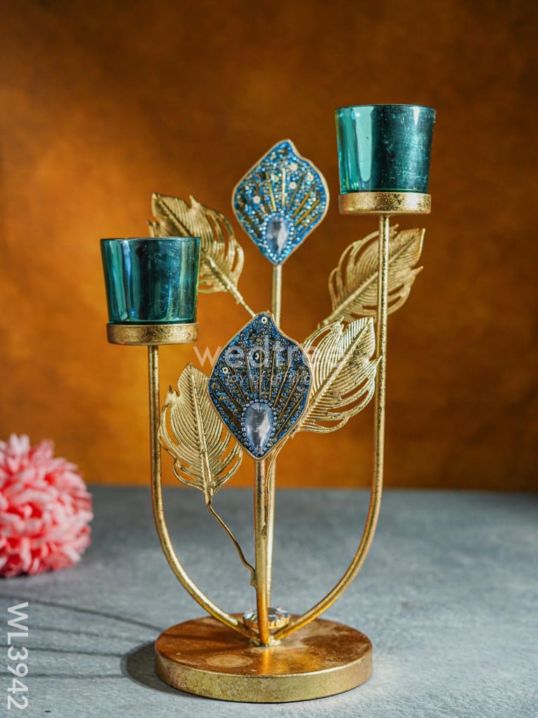 Peacock Feather Stand With 2 Glass Candle Holders - Wl3942 Candles & Votives