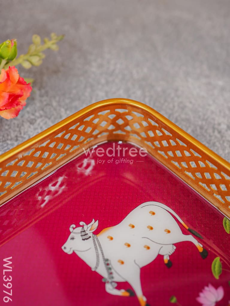 Pichwai Design Tray With Gold Frame - Wl3976 Wooden Trays