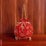 Potli Bag Raw Silk With Golden Thread Embroidery - W4559 Bags