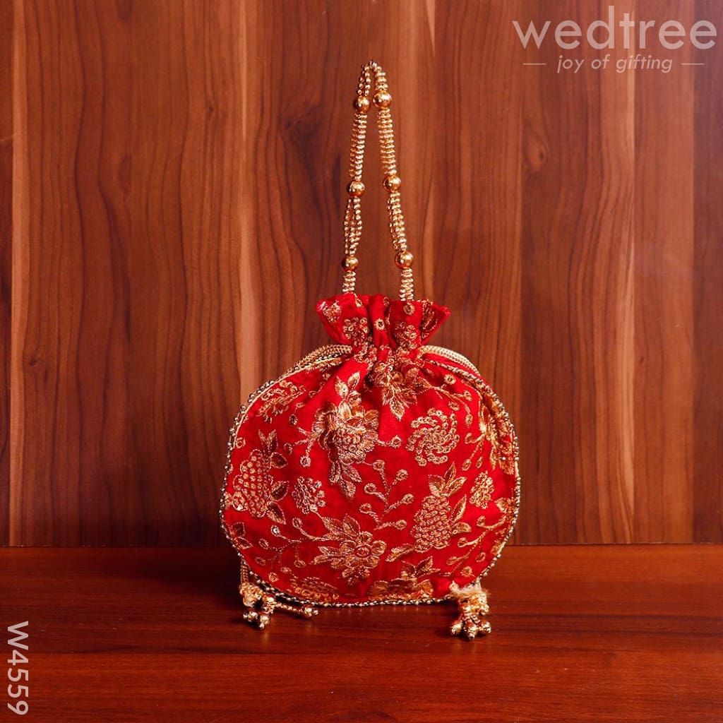Potli Bag Raw Silk With Golden Thread Embroidery - W4559 Bags