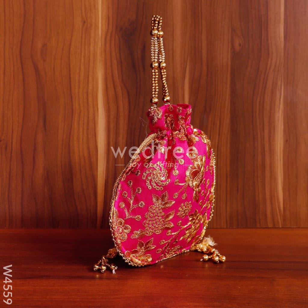 Potli Bag Raw Silk With Golden Thread Embroidery - W4559 Bags