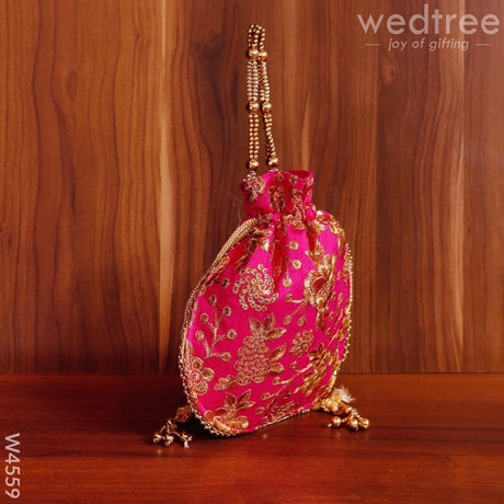 Potli Bag Raw Silk With Golden Thread Embroidery - W4559 Bags