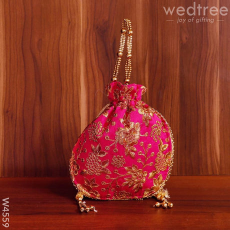 Potli Bag Raw Silk With Golden Thread Embroidery - W4559 Bags