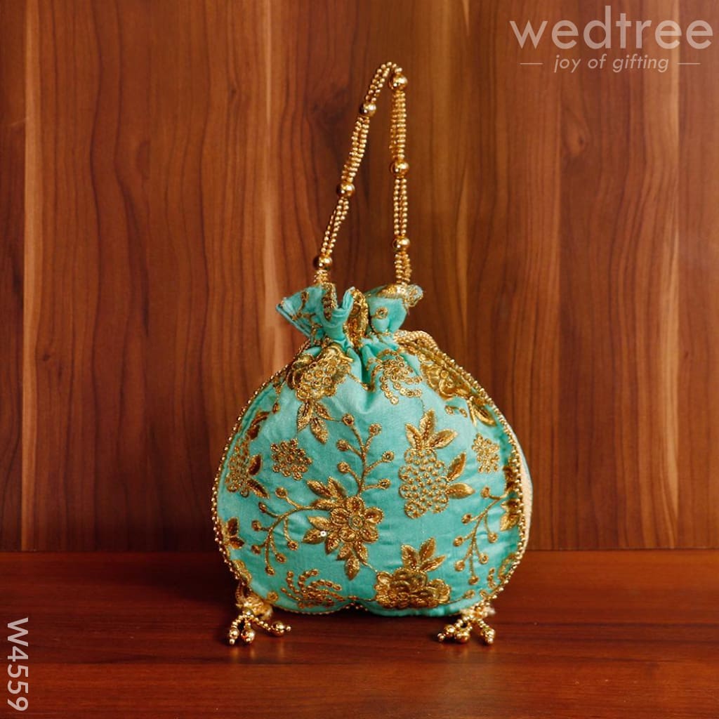 Potli Bag Raw Silk With Golden Thread Embroidery - W4559 Bags