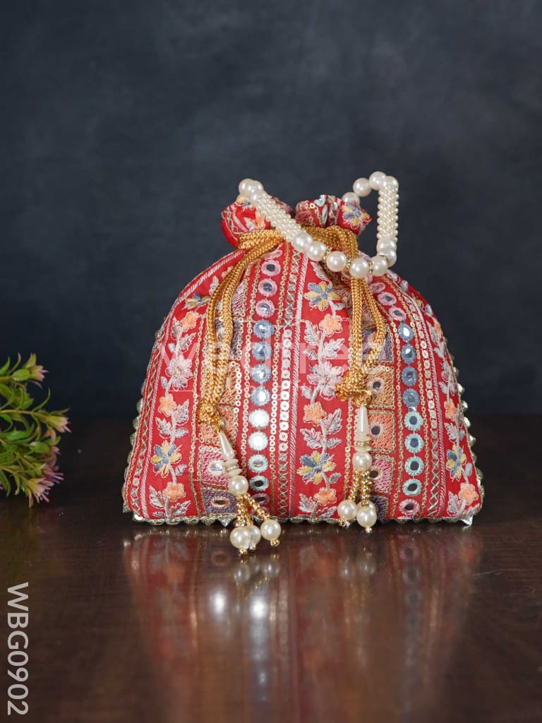 Potli Bag With Embroidered Chamki Work And Pearl Handle - Wbg0902 Bags