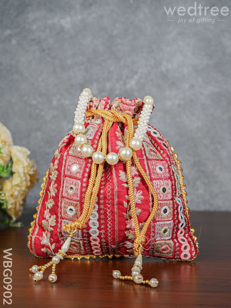 Potli Bag With Embroidered Chamki Work And Pearl Handle - Wbg0902 Bags