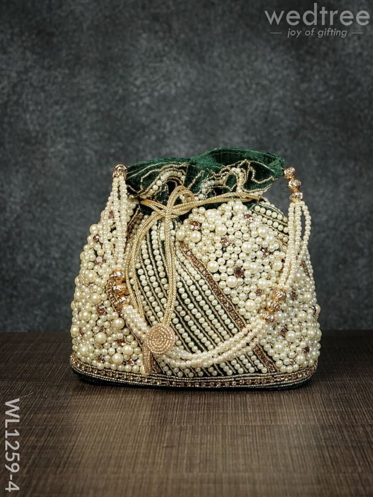 Potli Bag With Full Pearl Beads Rectangular Bottom - Wl1259 Dark Green Bags