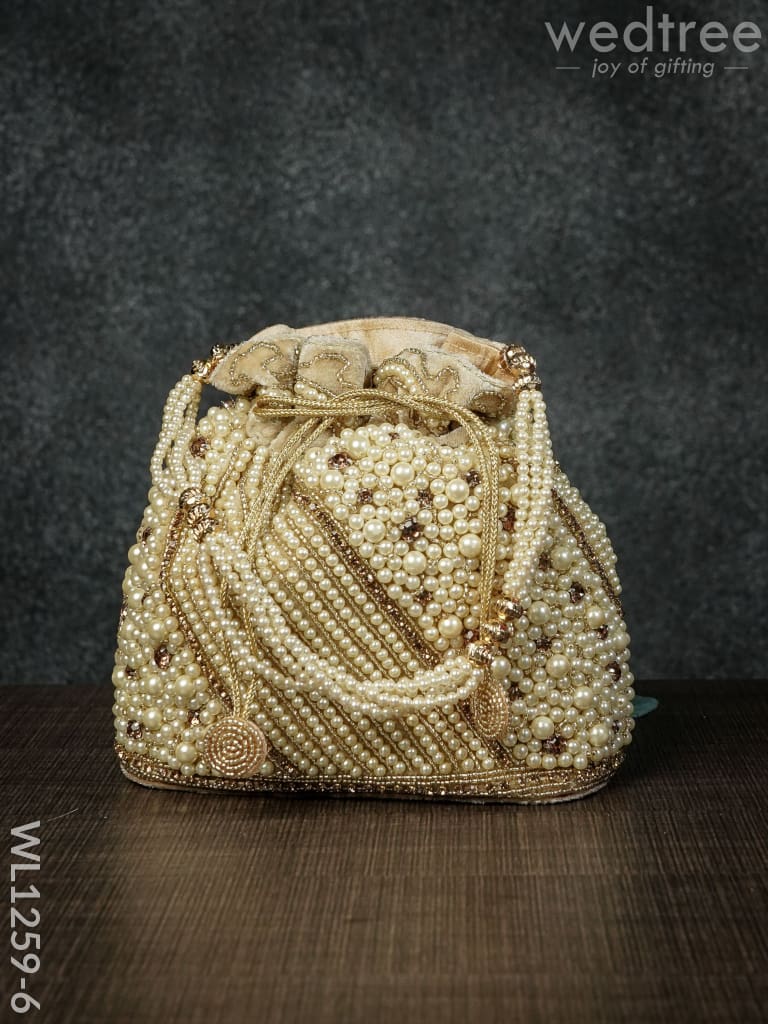 Potli Bag With Full Pearl Beads Rectangular Bottom - Wl1259 Golden Bags