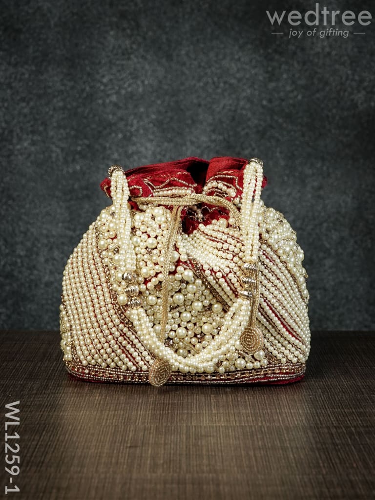 Potli Bag With Full Pearl Beads Rectangular Bottom - Wl1259 -Magenta Bags