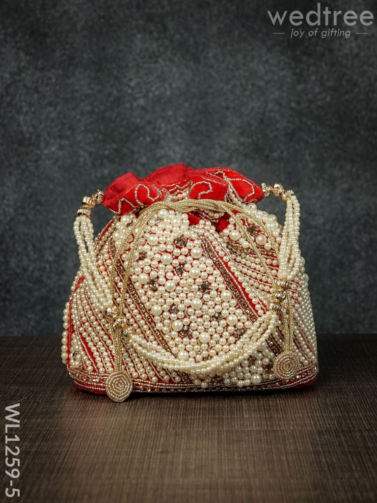 Potli Bag With Full Pearl Beads Rectangular Bottom - Wl1259 Red Bags