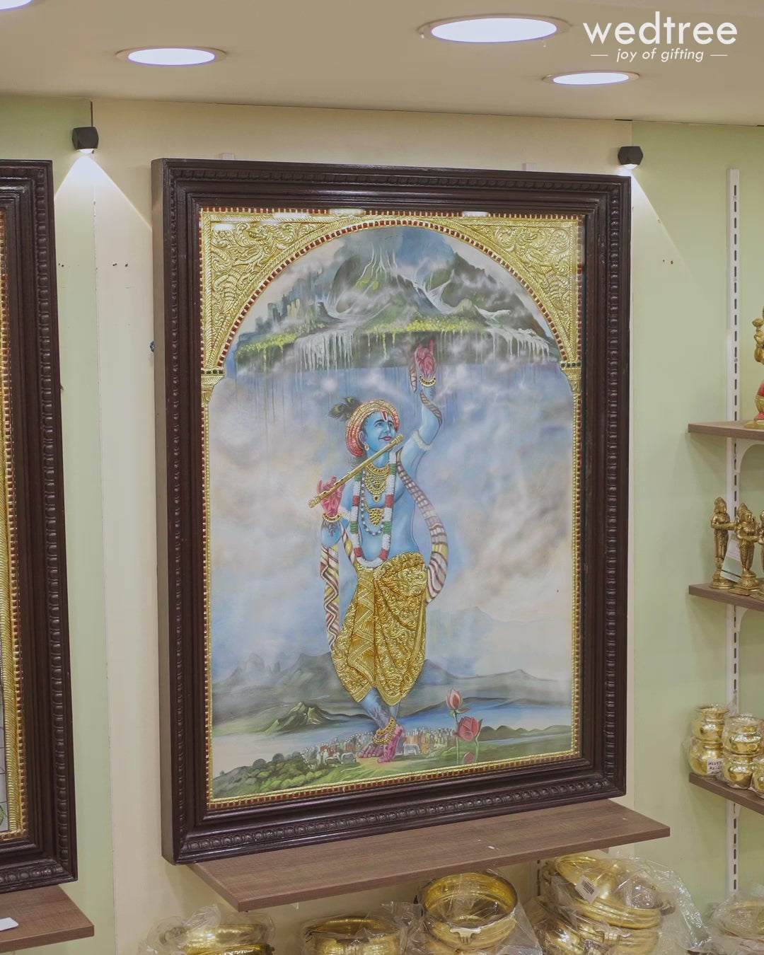 Tanjore Painting Govardhan Giri Krishna - Flat (Gold foil) - 4x3ft - WL3797