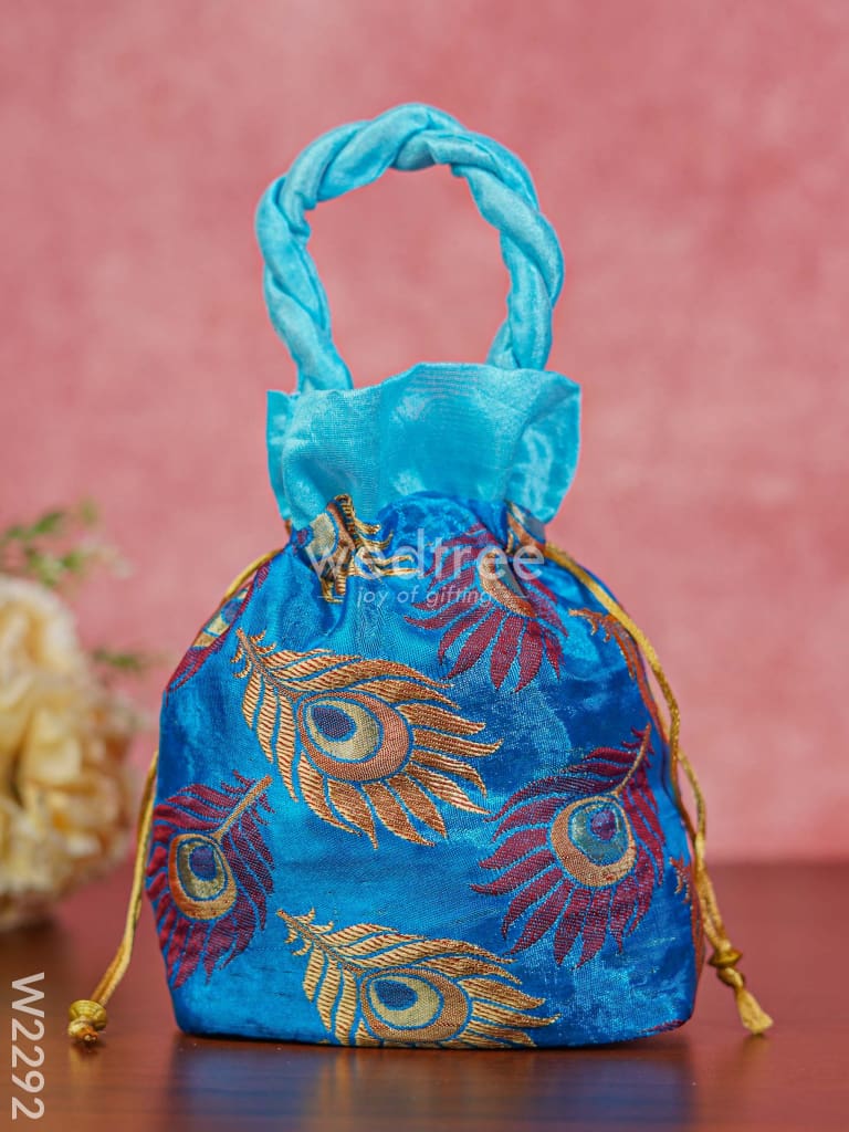 Raw Silk Potli Bag With Peacock Feather Embroidery - W2292 Bags