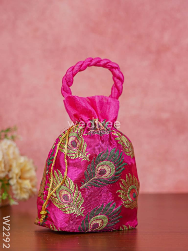 Raw Silk Potli Bag With Peacock Feather Embroidery - W2292 Bags