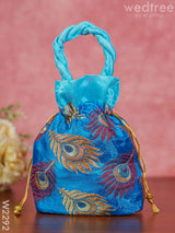 Raw Silk Potli Bag With Peacock Feather Embroidery - W2292 Bags