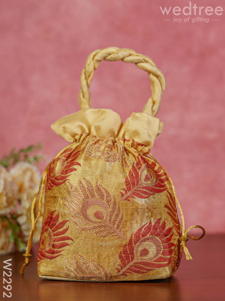 Raw Silk Potli Bag With Peacock Feather Embroidery - W2292 Bags