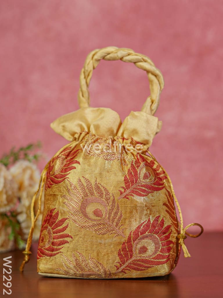 Raw Silk Potli Bag With Peacock Feather Embroidery - W2292 Bags