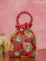 Raw Silk Potli Bag With Peacock Feather Embroidery - W2292 Bags