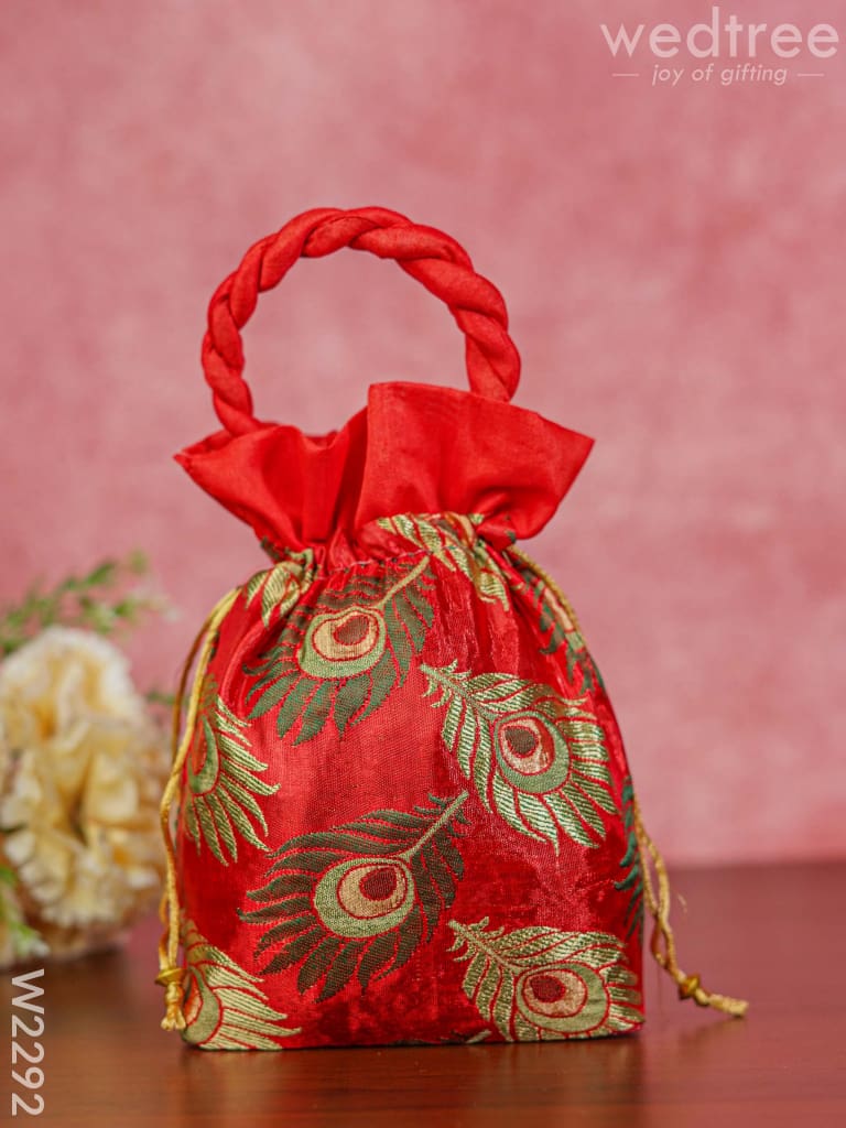 Raw Silk Potli Bag With Peacock Feather Embroidery - W2292 Bags