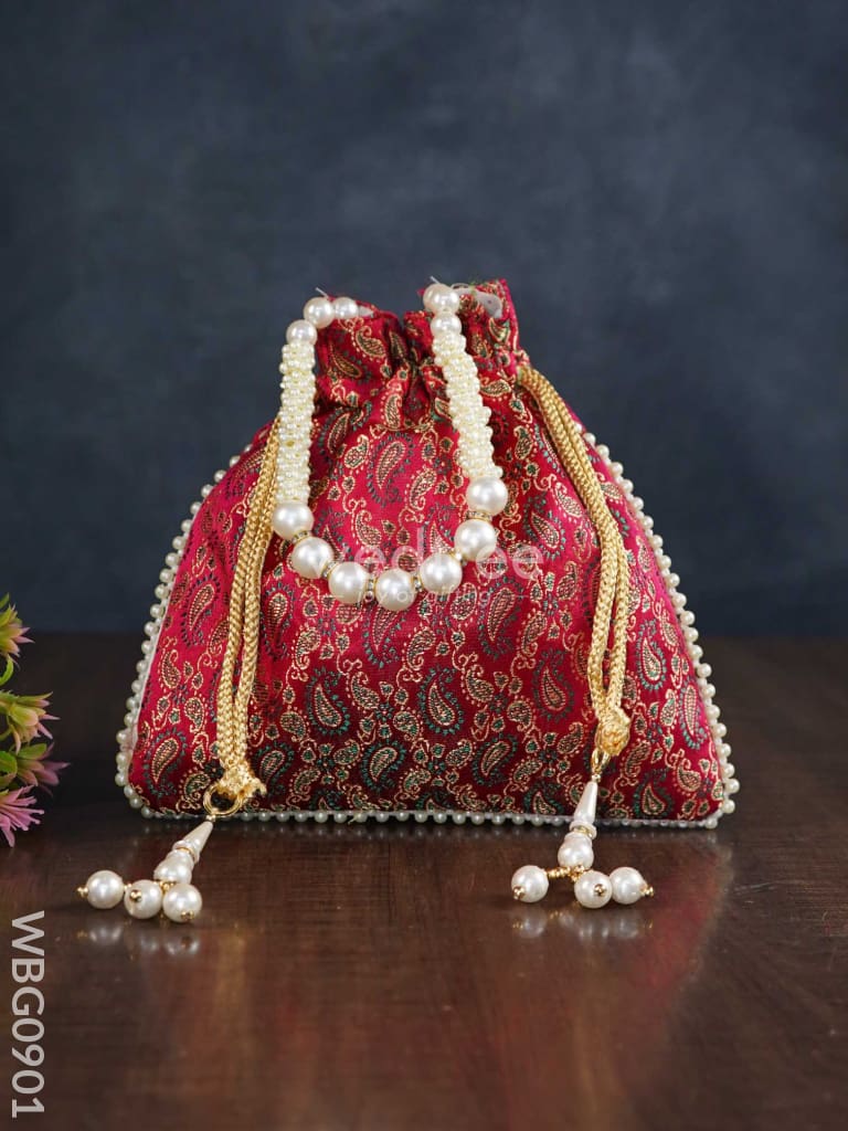 Raw Silk Potli Bag With Pearl Handle And Drawstring - Wbg0901 Bags