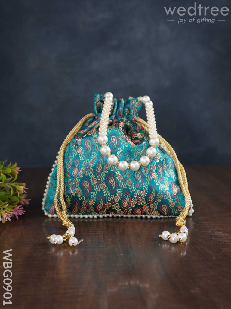 Raw Silk Potli Bag With Pearl Handle And Drawstring - Wbg0901 Bags