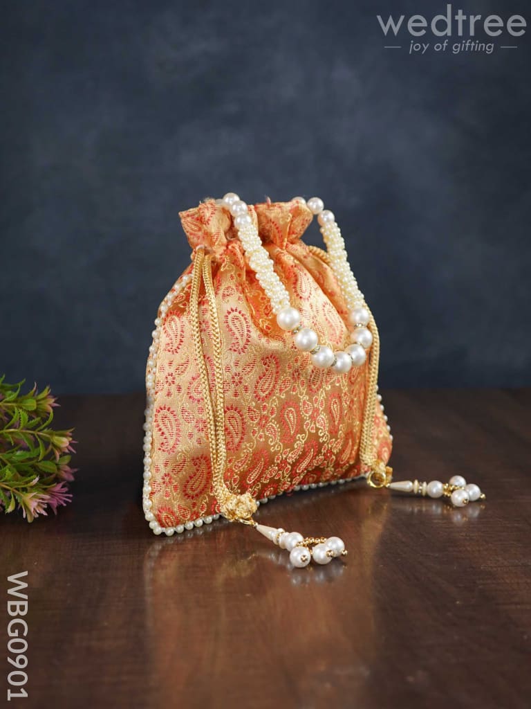 Raw Silk Potli Bag With Pearl Handle And Drawstring - Wbg0901 Bags