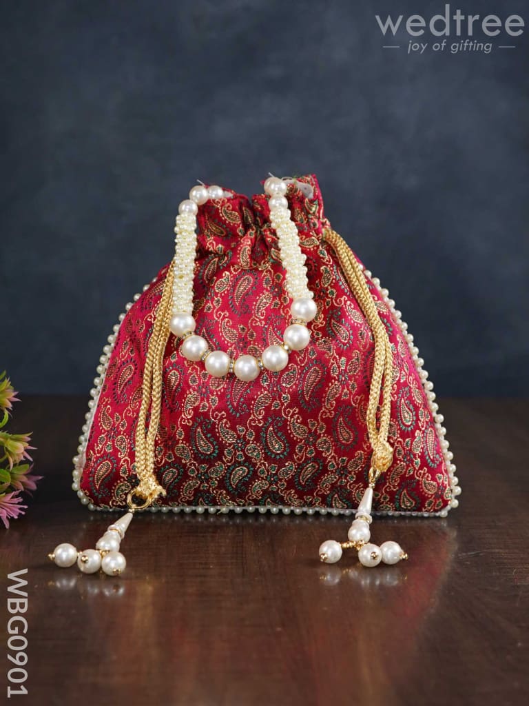 Raw Silk Potli Bag With Pearl Handle And Drawstring - Wbg0901 Bags