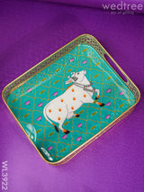 Rectangular Brass Tray With Pichwai Design - Green Wl3922 Utility