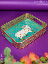 Rectangular Brass Tray With Pichwai Design - Green Wl3922 Utility