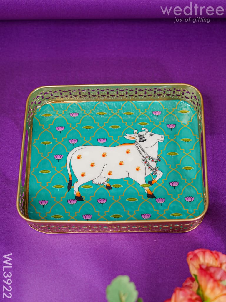 Rectangular Brass Tray With Pichwai Design - Green Wl3922 Utility